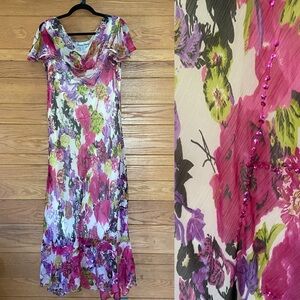 Y2K Jessica Taylor floral beaded asymmetric slip style ruffle dress